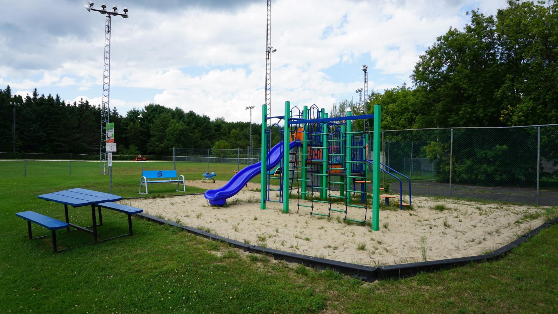Playground with a blue slide, sandy ground, picnic table, and green grass.