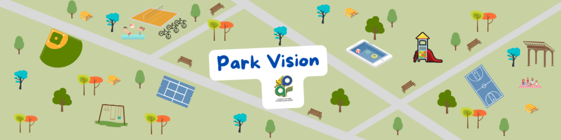 Map of a park with paths, trees, playgrounds, and a pond.