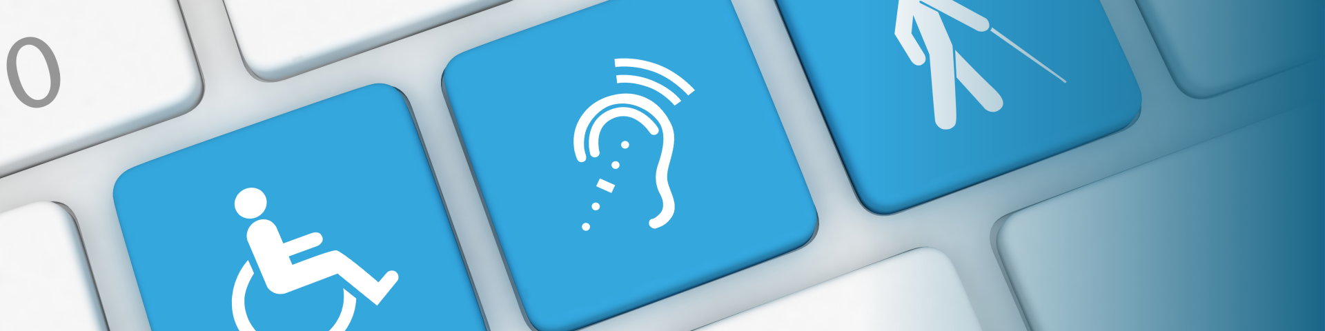 Keyboard with blue accessibility symbols: wheelchair, hearing aid, cane.