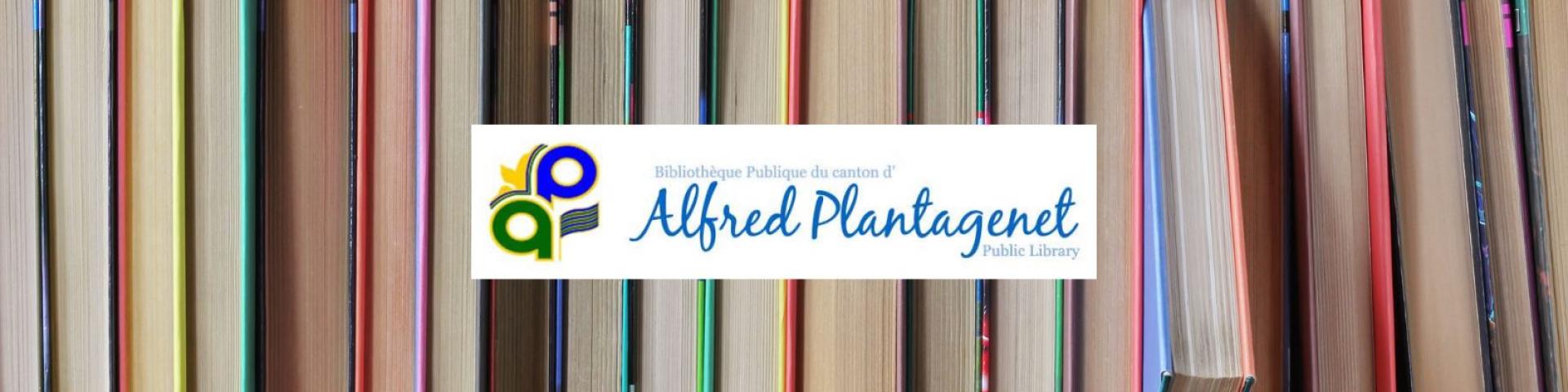 Colorful books lined up on a shelf with the Alfred and Plantagenet Library Logo