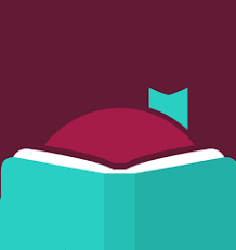 Open book graphic with a bookmark, teal and maroon colors.