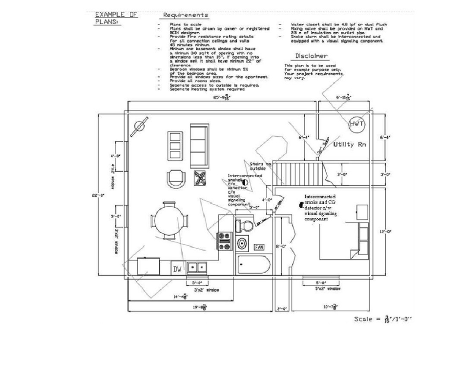 An example of an accessory apartment plan with the measurements