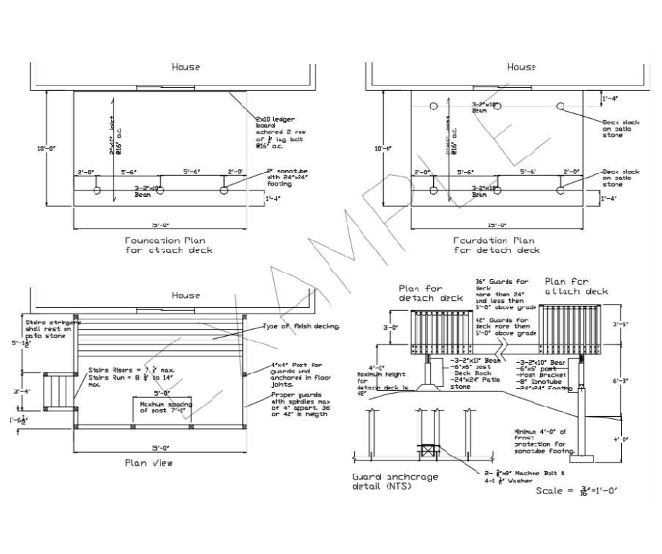 A Deck Plan with measurements, height, proximity to the house, etc.