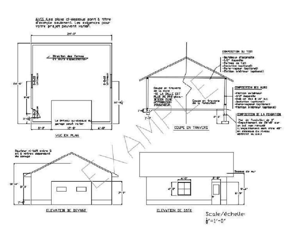 Example of a garage plan with measurements to the walls, the rood inclination, the foundation and exact location of the doors and windows.