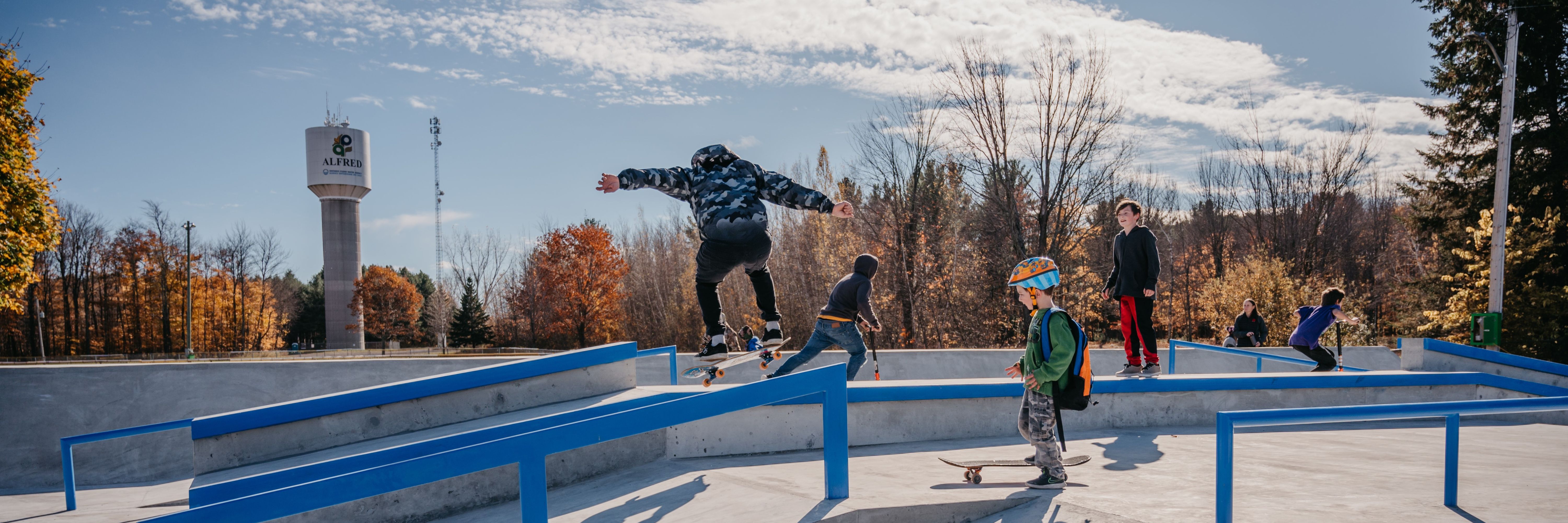 A skatepark, a ramp and skaters 