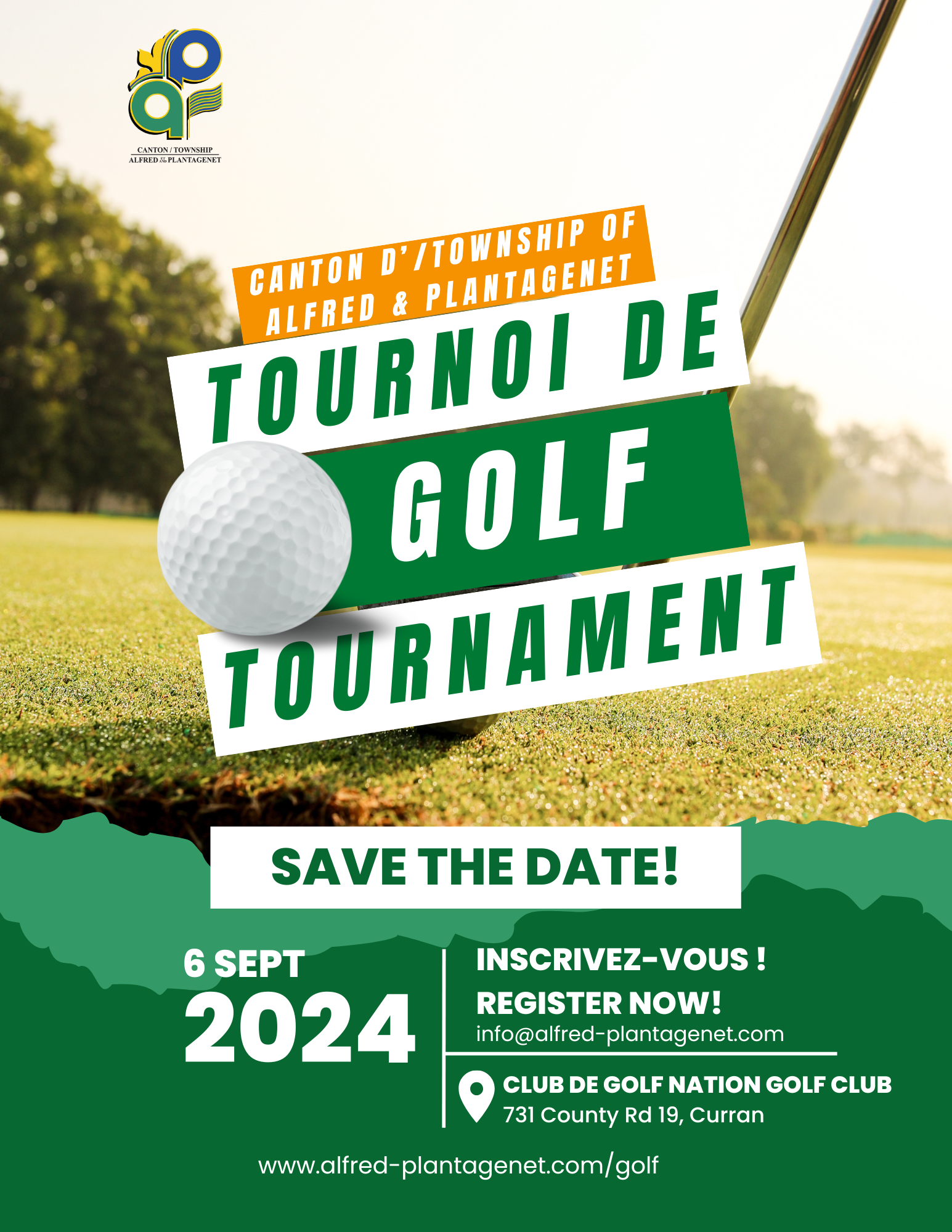Affiche d'invitation du tournoi de golf le 6 septembre 2024. Inscrivez-vous!
