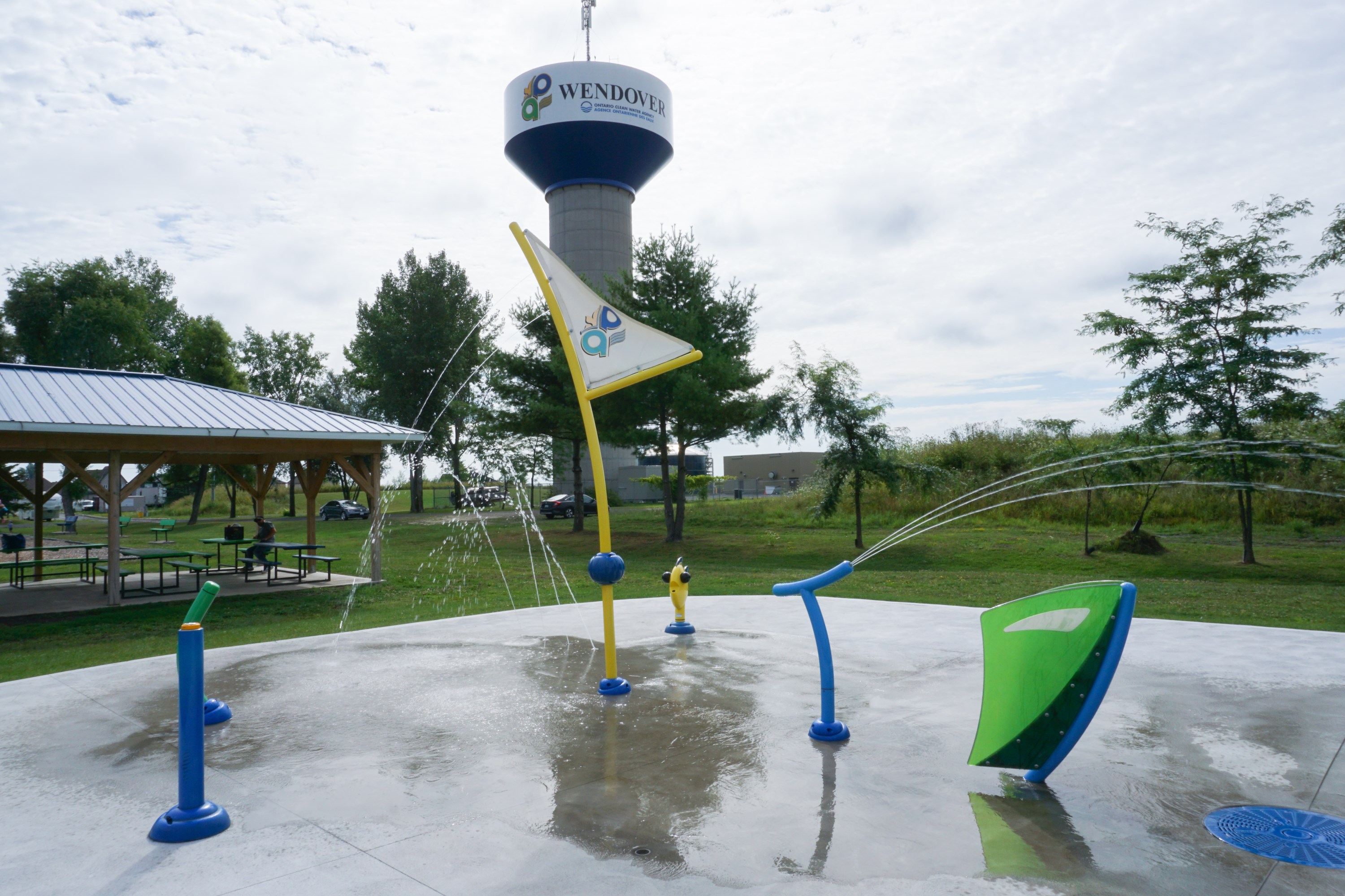 View of the Splashpad in Wendover, with the water tower in the back.