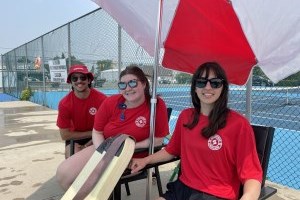 Three lifeguards sitting by the pool