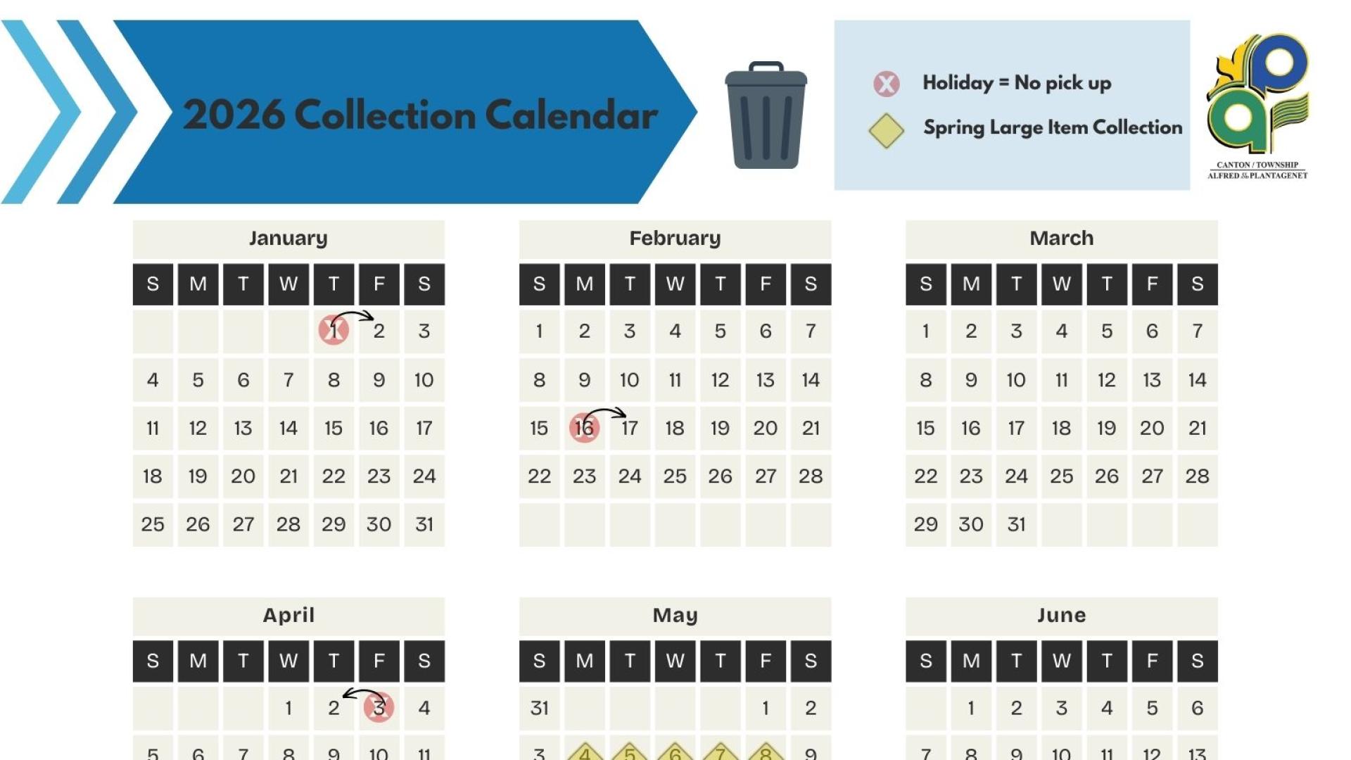Copy of the 2026 Collection Calendar for the Township of Alfred and Plantagenet