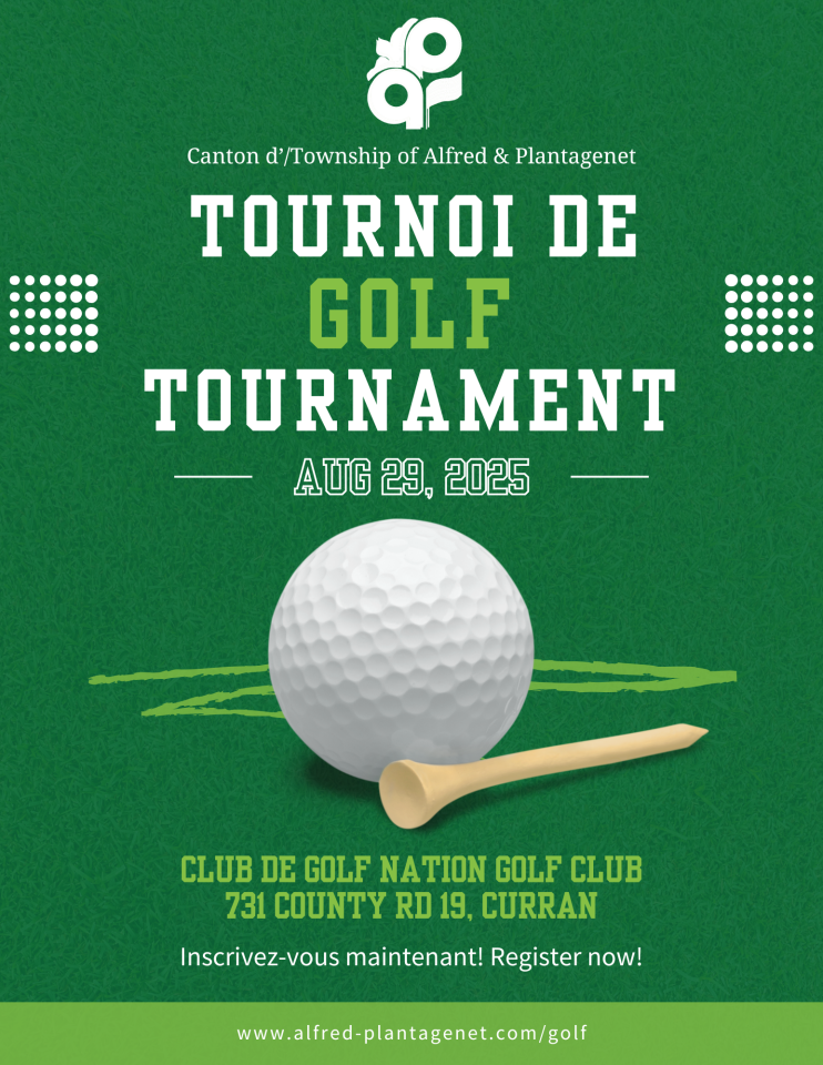 Golf tournament poster with ball and tee on green background.
