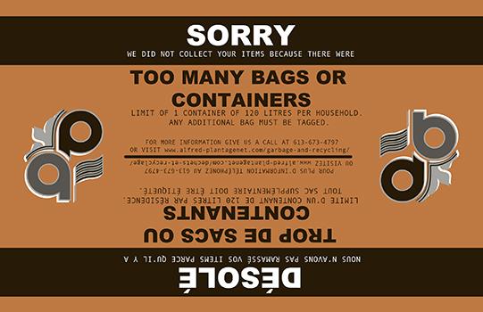 Brown and black notice about excess bags with text instructions and a logo.
