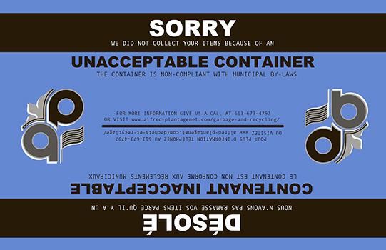 Blue and brown sticker with text about an unacceptable container.