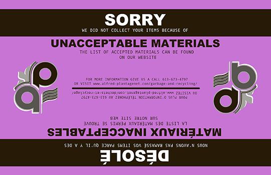 Purple and black recycling notice, text about unacceptable materials.